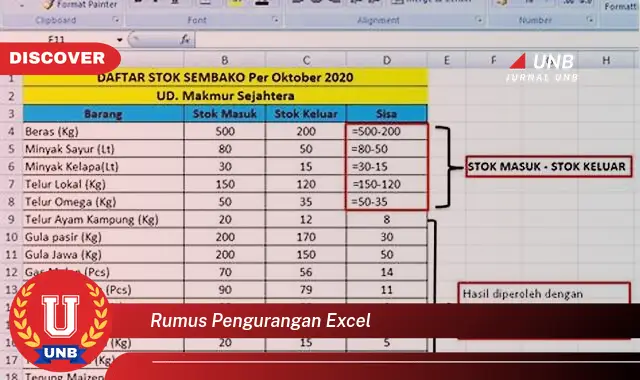 rumus pengurangan excel